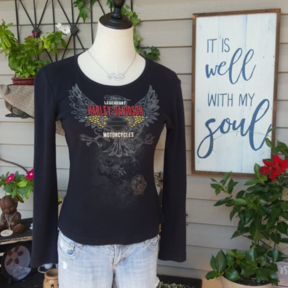 HARLEY-DAVIDSON ♡ Black Long Sleeve Red 'n Gold Embellished Legendary H-D Top S